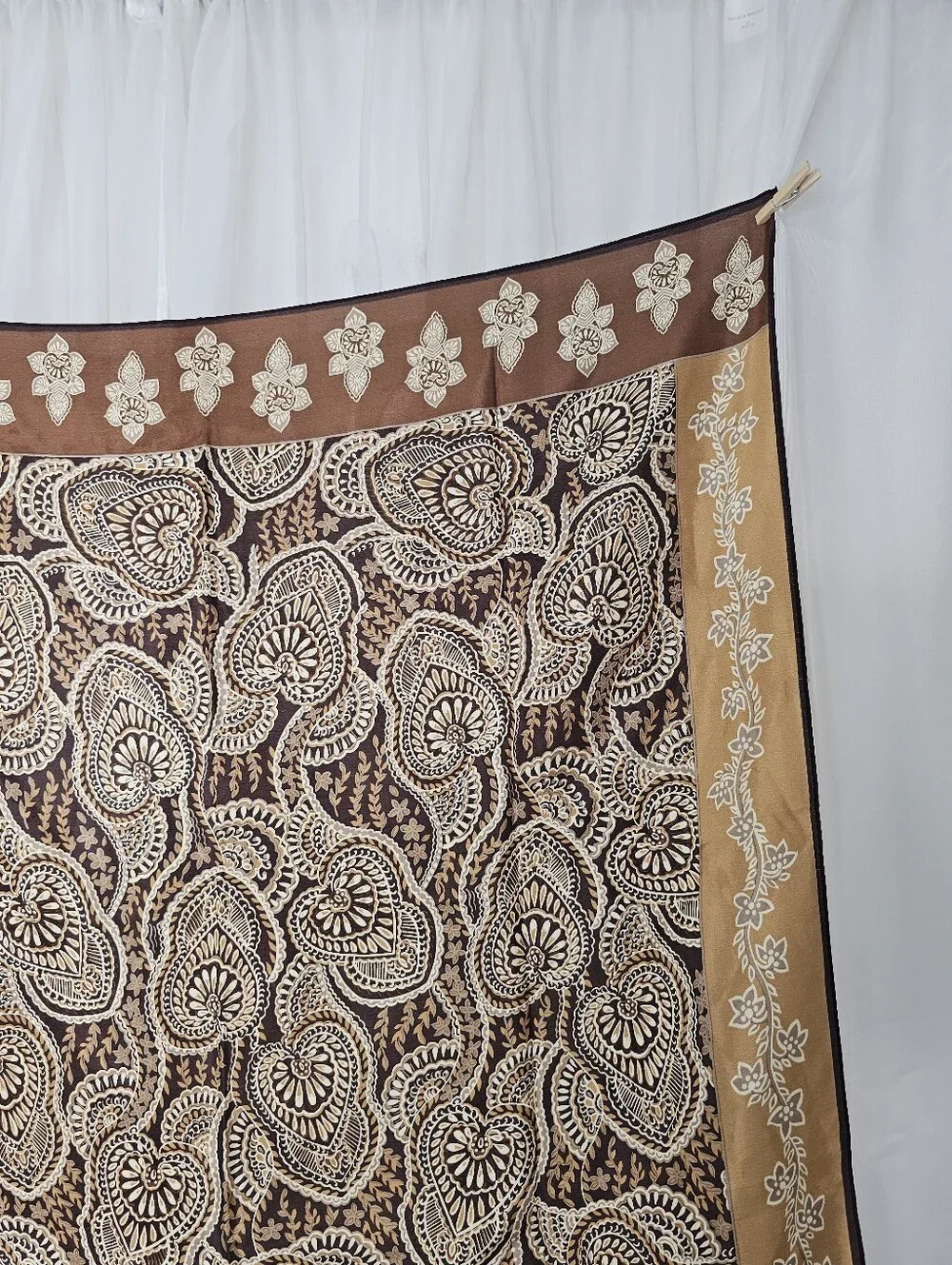 Echo 100% Silk Square Scarf Brown Tan Floral Paisley Boho Neck Hair Bag